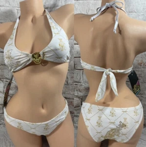 Christian Audigier SWIM Bikini TOP BOTTOM Sequins LOGO Halter Triangle String M - Picture 1 of 10