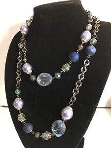 Long Faux Crystal Chain Necklace Blue Antique Silver Tone Costume Jewelry - Picture 1 of 10