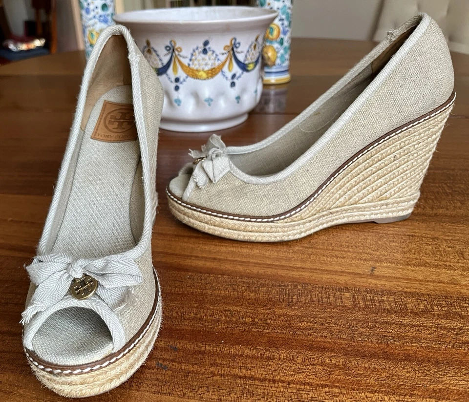 Tory Burch Zapatos Jackie Alpargatas Tacones de Cuña Beige Lona Punta abierta Talla 10.5 B Foto 1 de 4