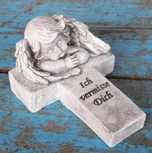 Grabschmuck Engel auf Kreuz " Ich vermisse Dich " Grabengel Grabdeko Engel Kreuz - Bild 1 von 3