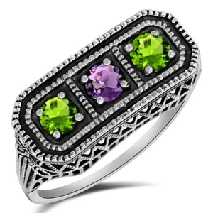 1CT Natural Amethyst & Peridot 925 Solid Sterling Silver Art Deco Ring Sz 6 XB3 - Picture 1 of 4