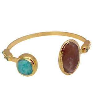 Natural Faceted oval Sunstone Amazonite Gold plated Bangle Bracelet - Picture 1 of 7