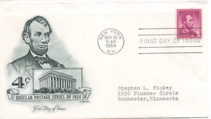 US November 19 1954 FDC, Lincoln Stamp Artmaster, 4c Vintage - Picture 1 of 1