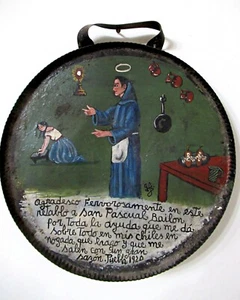 RARE VTG 1920 HP MEXICAN RETABLO ON FRYING PAN SAN PASCUAL BAILON KITCHEN SAINT - Picture 1 of 17