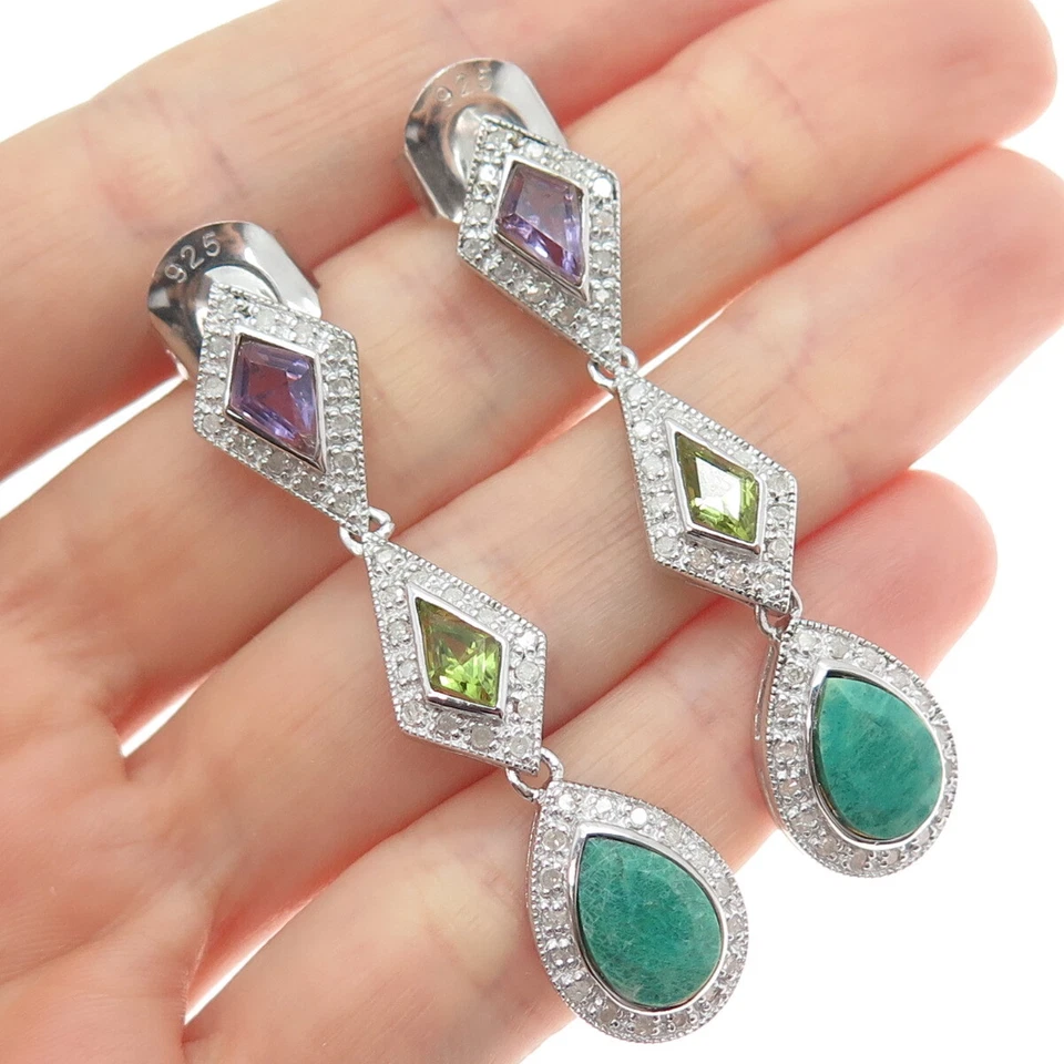 925 Sterling Silver Real Diamond Emerald Amethyst & Peridot Dangle Earrings - Image 1 of 4