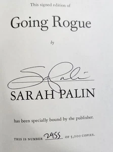 Libro firmado por Sarah Palin Going Rogue autografiado primera edición primera firmado - Imagen 1 de 4