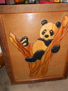 vintage framed wooden carved PANDA BEAR,20 by 24,sculpted/sculpture - Picture 1 of 4