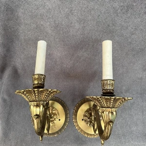 Vtg Antique Solid Brass Wall Sconce Electric Candle Light Fixtures Pair 2 - Picture 1 of 3