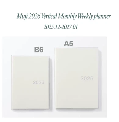 Вертикальный ежемесячный еженедельный планировщик Muji 2026 с декабря 2025 года белый B6 или A5 - Изображение 1 из 4