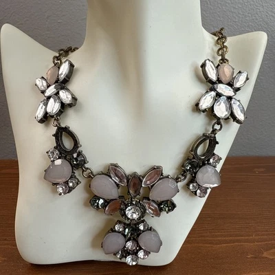 Art Deco Clear, Pink, & Green Large Crystal Bronze Chain Statement Necklace 18” - Image 1 of 4