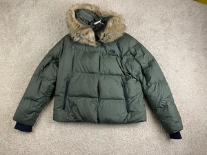 The North Face Puffer Jacket donna grande full zip cappuccio pelliccia orlo verde - Foto 1 di 18