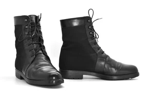 B2 Auth SALVATORE FERRAGAMO Black Leather & Fabric Combat Boot Shoes Size 7B - Picture 1 of 9