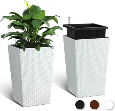 16-inch White Rattan Self-Watering Pot with Water Indicator for Indoor Plants - Image 1 of 4