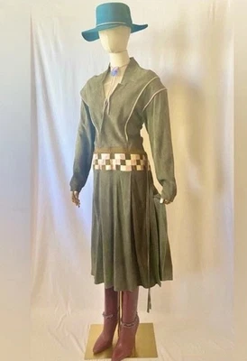 VINTAGE 1970'S ALL LEATHER SUEDE MIDI SHIRTWAIST DRESS IN OLIVE - Image 1 of 4