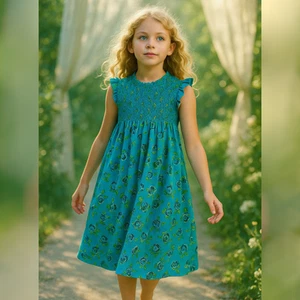 French Connection Girl L Blue Smocked Floral Dress Lined Sleeveless Cotton 14/16 - Picture 1 of 8
