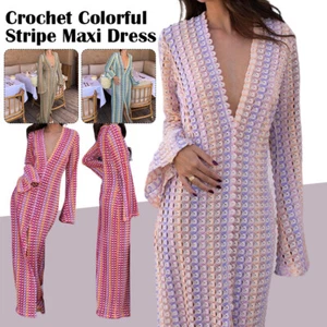 Crochet Colorful Stripe Maxi Dress Women Flare Sleeve V-neck High Split Beach - Picture 1 of 23