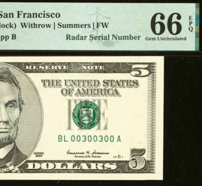 1999 $5 FRN PMG 66EPQ 2nd highest graded radar serial number 00300300 - Image 1 of 4