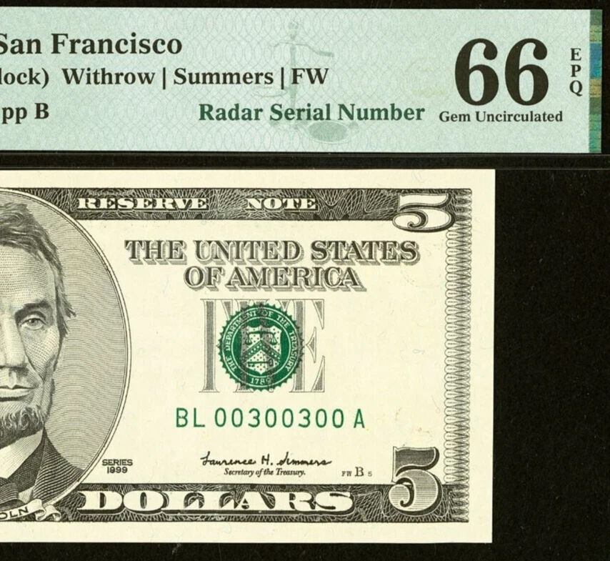 1999 $5 FRN PMG 66EPQ 2nd highest graded radar serial number 00300300 - Image 1 of 4