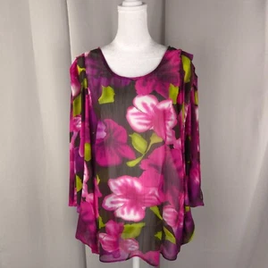 Womens Top Medium Fuchsia Sheer Floral Split Sleeve Blouse Fairy Whimsy Tropical - Picture 1 of 11