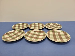 6 Homer Laughlin 1950s Dura Print Plaid Green /Brown 6.25” Diameter Small Plates - Picture 1 of 7