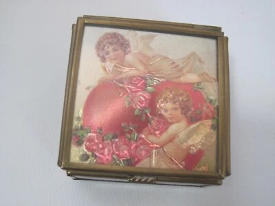 Valentine's Day Glass Trinket Box Victorian Style Cherubs Flowers Hearts Vintage - Image 1 of 4