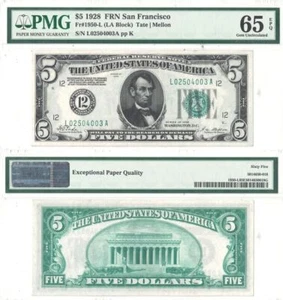 1928 $5 Federal Reserve Note F-1950-L PMG Gem-65 EPQ - Picture 1 of 1