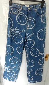 Smiley X H&M 40 Blue White Long Denim Jeans Wide Leg Graffiti Style W30 L32.5 - Picture 1 of 12