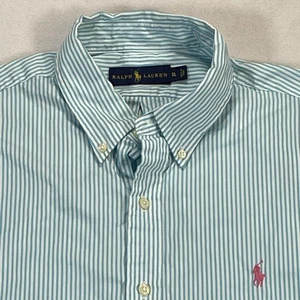 Ralph Lauren camicia uomo XL blu bianco righe bottoni manica corta rosa pony - Foto 1 di 11