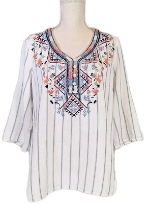 Blusa túnica bordada TRIBAL JEANS tamanho M listrada boho asteca manga aba rolo 3/4 - Imagem 1 de 4