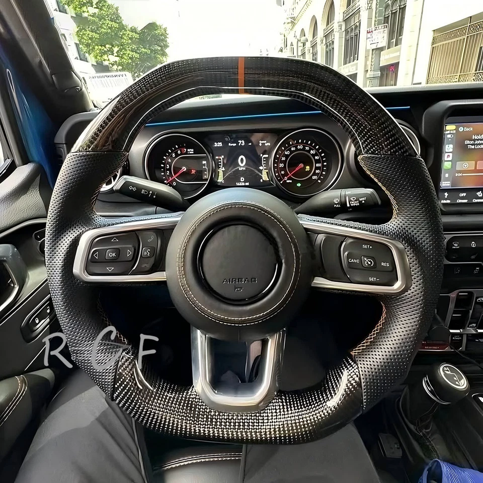 Volante plano de fibra de carbono apto para Jeep Wrangler JL/JT 18-23 con calefacción Foto 1 de 4