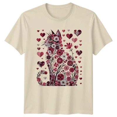 Floral Cat Feline Animals Mens T-Shirt Womens Tee Graphic Unisex Top - Image 1 of 4