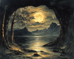 Gloomy Cave And Moon Over Landscape Oil Painting 20x16 Print On Canvas - Picture 1 of 1