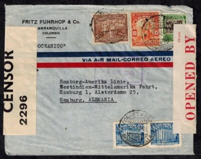 WWWII Colombia Cover w/ Bermuda Censor CL2 tape #59 and English PC66 B #2296 - Image 1 of 2