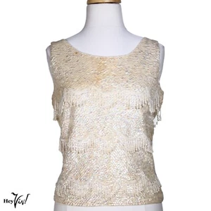 Vintage Ivory Sequin Shell Top w Beading and Fringe Hong Kong Size M - Hey Vi - Picture 1 of 8