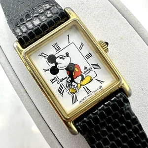 Vintage Disney Mickey Mouse Tank Watch Unisex Gold Tone Leather Band New Battery - Picture 1 of 16