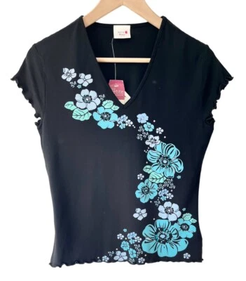 BNWT NEXT Lettuce Hem Y2K Top - Size 12 - Blue Black Floral Diamanté Stretch 00s - Image 1 of 4