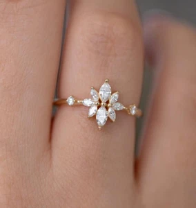 1.00Ct Marquise Simulated Diamond Cluster Engagement Ring 14k Yellow Gold Plated - Picture 1 of 7