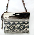 MYRA tapestry canvas leather pony hair fur crossbody bag purse adjustable zip