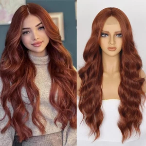 EMMOR 26 pulgadas de largo jengibre encaje frontal ondulado peluca mujer castaño rojizo aspecto natural cabello - Imagen 1 de 22