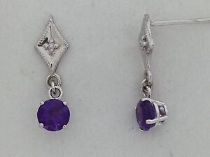 Natural Amethyst with Natural Diamond Dangle Earrings Solid 14kt White gold