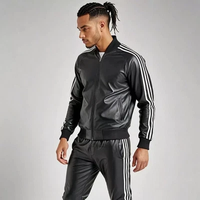 Para hombres Genuino Piel de Cordero Real Cuero Negro Traje de Pista Sudadera Chándal para Correr Foto 1 de 3