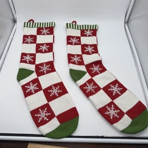 Knitted Christmas Stocking Red White Checkered With Snowflake Appliqué 24” Long - Picture 1 of 5