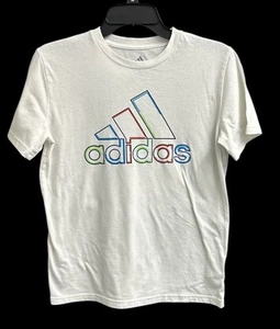 adidas Kid Boy 3 Stripes Logo Graphic Regular Fit Short Sleeve Shirt White 10/12 - Picture 1 of 5