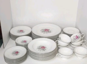 56 Piece Service For 8 Continental Gray Dawn Platinum Roses China - Picture 1 of 13