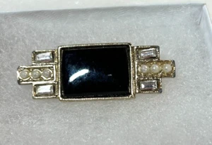 J328L Cute Art Deco pin reproduction, blk, gold, ab stones - Picture 1 of 4