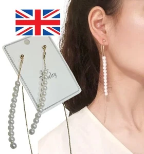 Long Pearl String Earrings Gold Tassel Drop Dangle 2 in 1 Style Party Pom UK - Picture 1 of 9