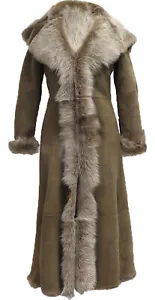 Ladies Brown Full Length Sheepskin Coat Hooded Toscana Shearling Merino Leather - Picture 1 of 6