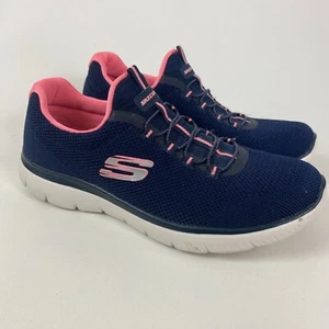 Skechers Shoes Womens Size 8.5 Blue Mesh Pink Logo Low Top Athletic Sneakers - Picture 1 of 16