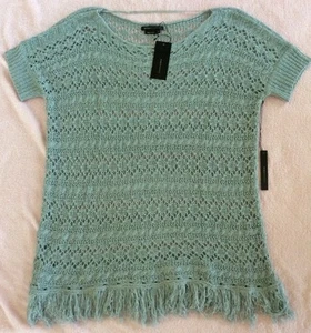 NEW BCBG MAXAZRIA Long Gray Fog Fringe Crochet Knit Boho Tunic Top L NWT $140 - Picture 1 of 5