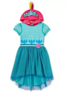 Girls TROLLS Cosplay DRESS~sz 4 5 6 6X 7 8~NWT~Hooded~FEATHER~Teal SPARKLE - Picture 1 of 28